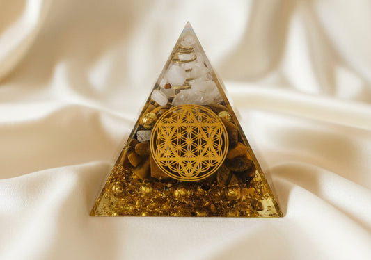 Tigers eye clear quartz and copper bits and coil orgonite pyramid