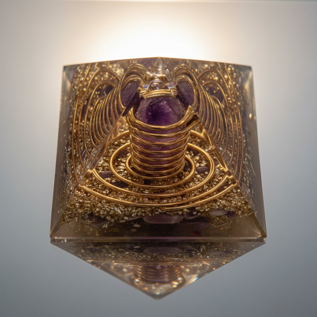 amethyst and copper coil orgonite pyramid.  orgonite energy. view from above bottom of the specimen 