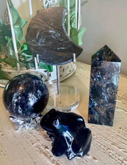 Arfvedsonite mineral set with Black Obsidian frog carving front view