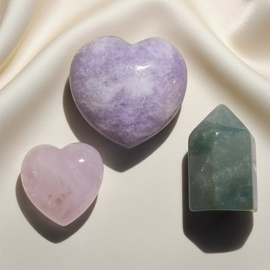 Lepidolite carved heart, rose quartz heart and aventurine tower 
