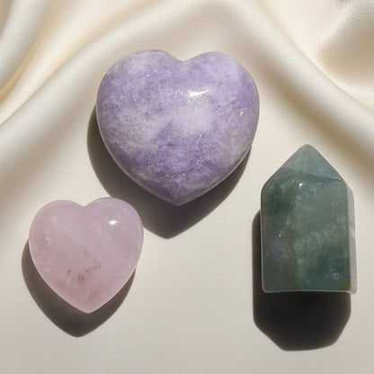 Lepidolite carved heart, rose quartz heart and aventurine tower 
