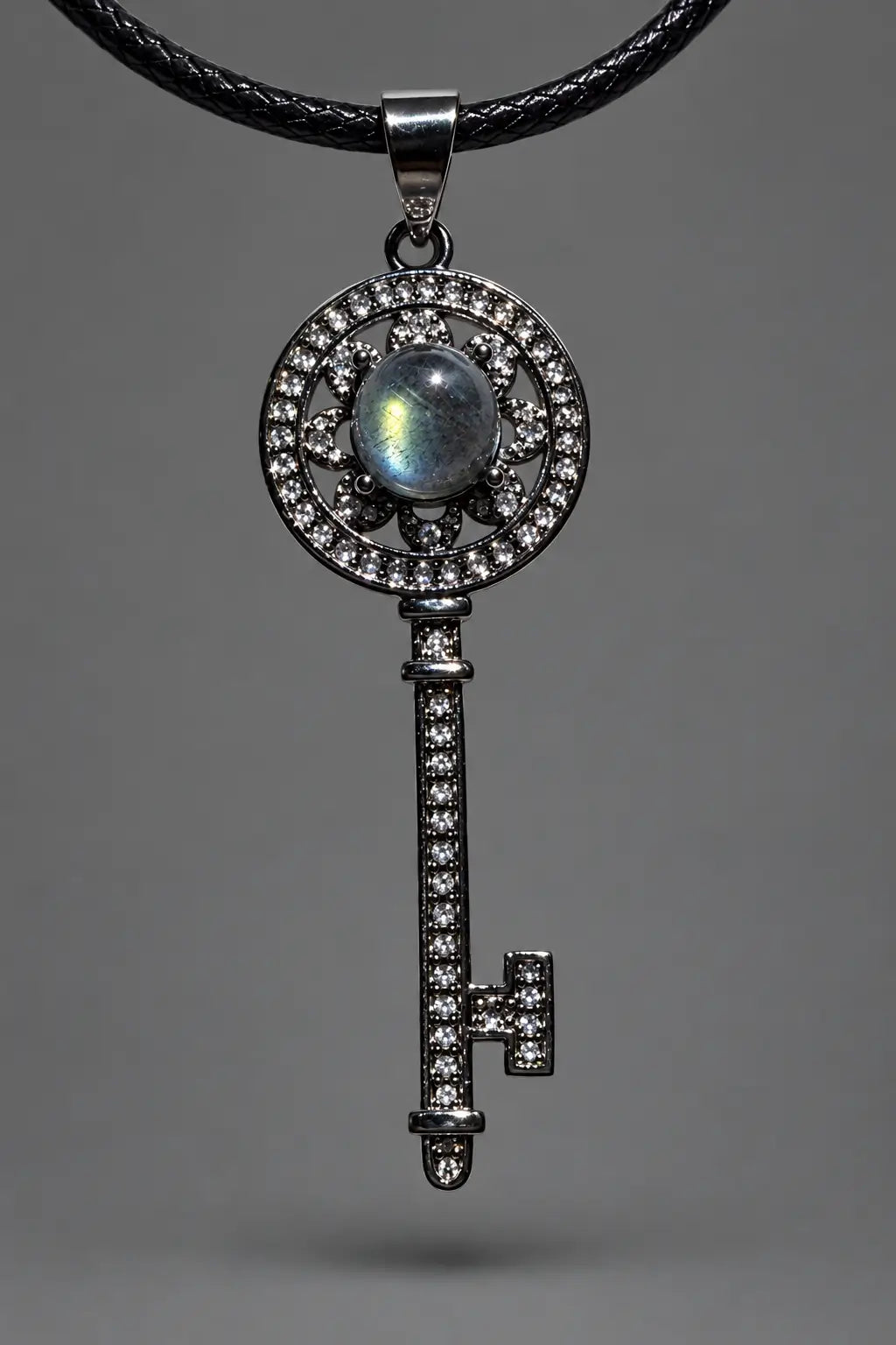 Sterling Silver Key pendant with waxed leather cord.  Middle Stone is natural labradorite with flash
