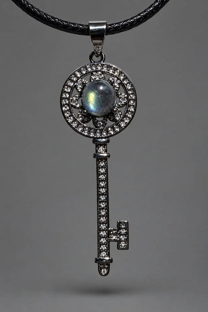 Sterling Silver Key pendant with waxed leather cord.  Middle Stone is natural labradorite with flash