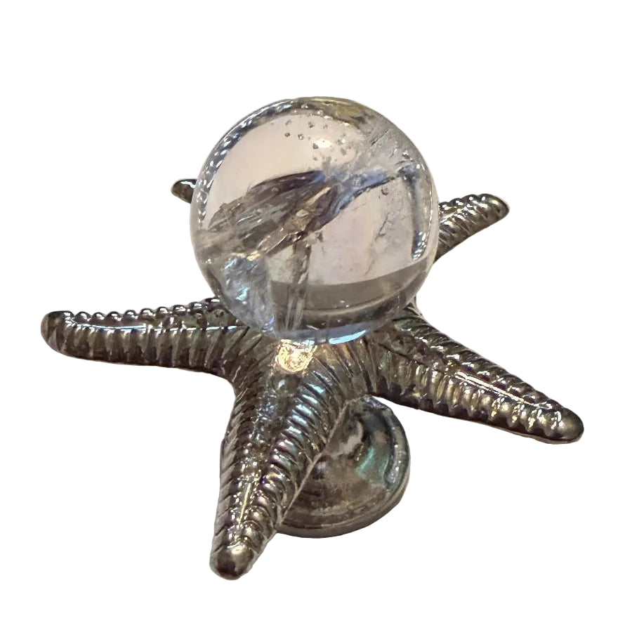 Silver starfish mini sphere display stand with clear quartz sphere for display