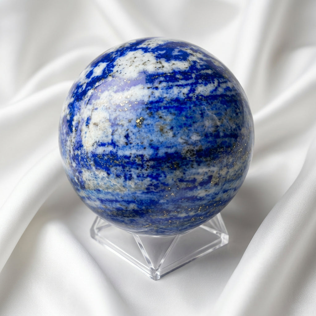 close up lapis lazuli sphere with pyrite inclusions