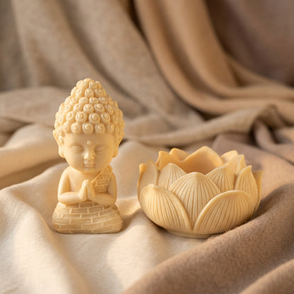 praying buddha and lotus flower bowl, tagua nut carved