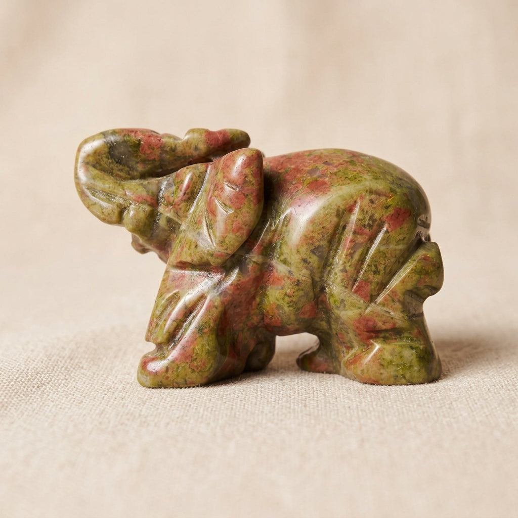 close up photo carved elephant from unakite crystal bright greens and pinks 