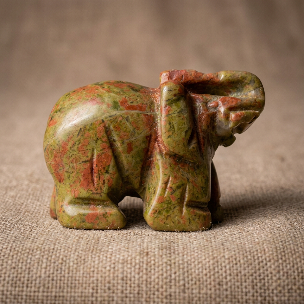 close up photo carved elephant with trunk up for good luck unakite crystal