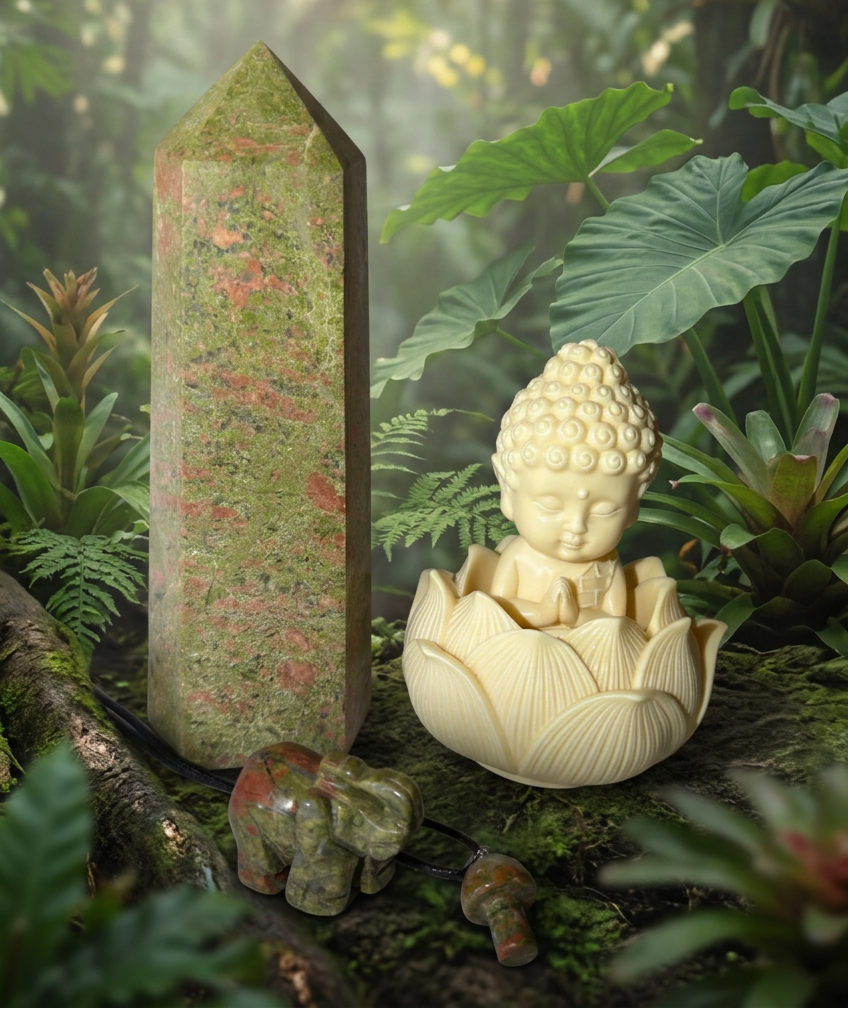 Unakite and Tagua Nut Set tower, buddha and lotus flower bowl, unakite carved elephant and mushroom pendant