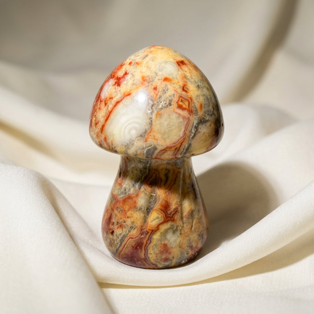 polychrome jasper carving of mushroom bright copper, deep yellow colors 