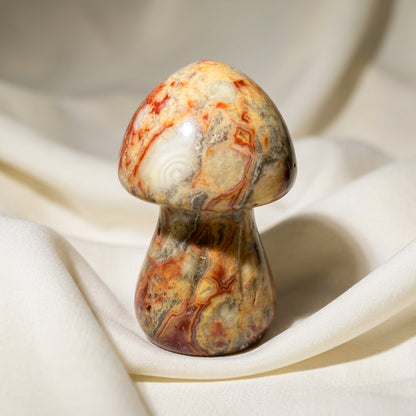 polychrome jasper carving of mushroom bright copper, deep yellow colors 