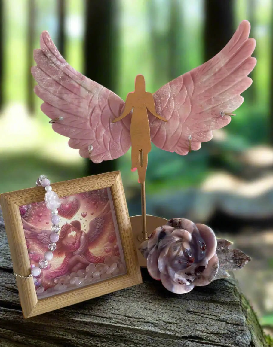 Pink Opal angel wings crystal set with Rose Quartz and carved roses