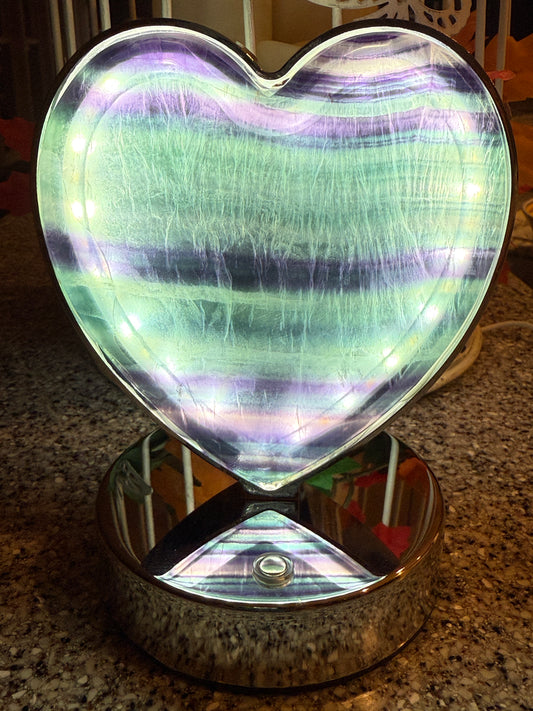 Natural Fluorite Mineral LED Light 3 light settings High Quality Fluorite matching slabs encase the LED light fixture 