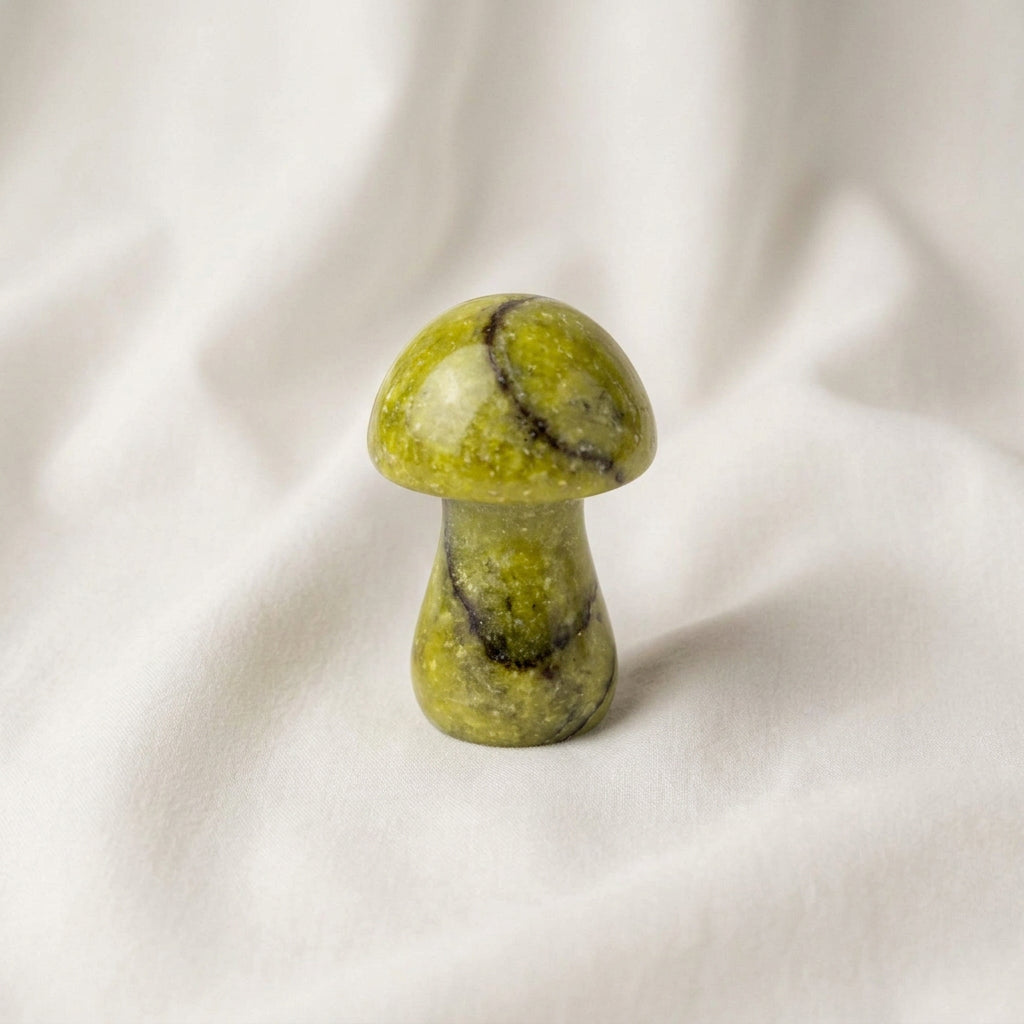 hand carved mushroom figurine, olive opal crystal from australia 
