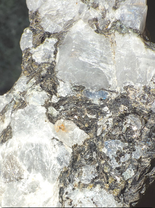 Raw mineral specimen featuring white feldspar and Rainbow Moonstone interlaced with Black Tourmaline and BlueTourmaline inclusion mica and scattered gold pyrite highlights