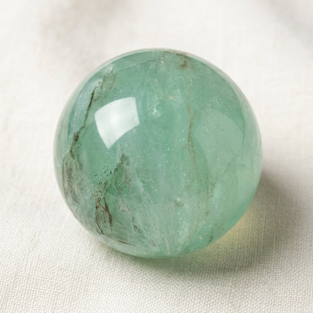 close up photo top or cap of green fluorite mushroom carving features bright green color and natural inclusions
