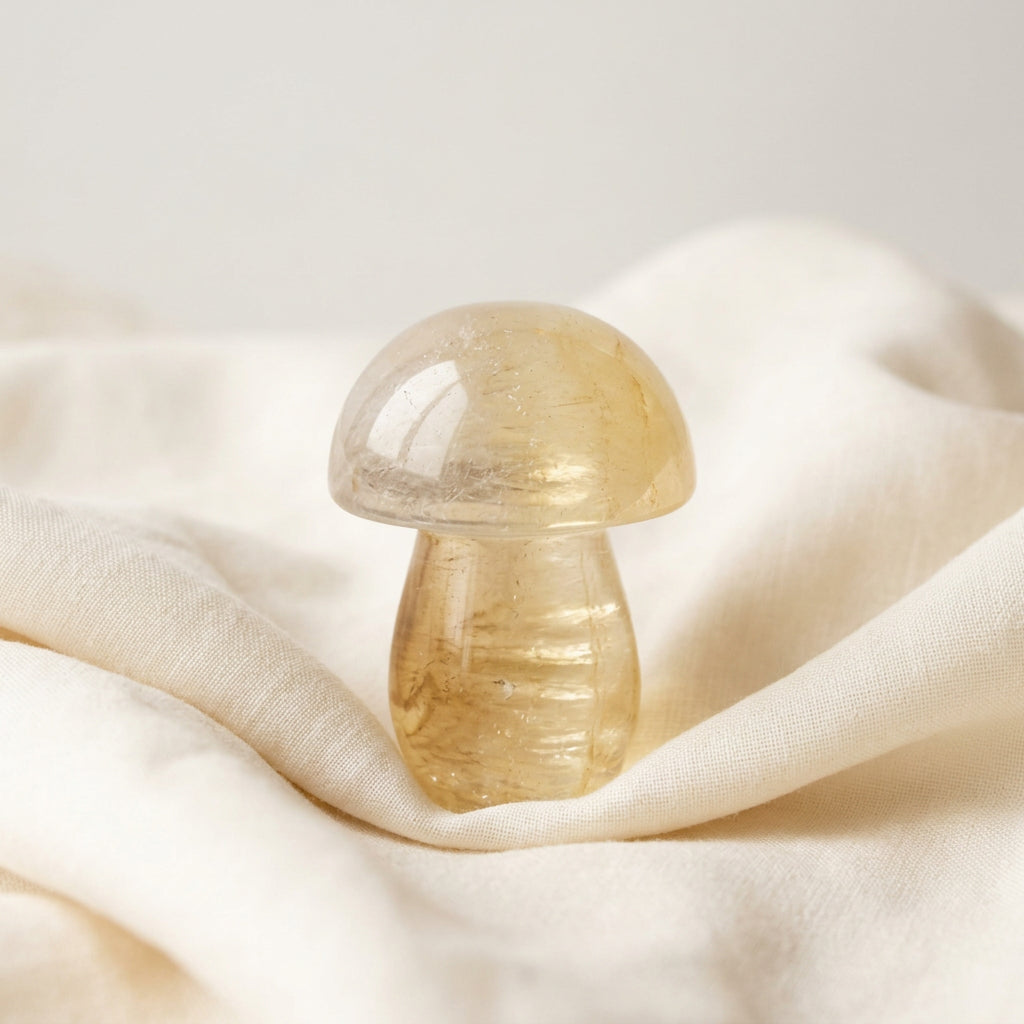 close up photo citrine hand carved mushroom bright yellow and natural inclusions