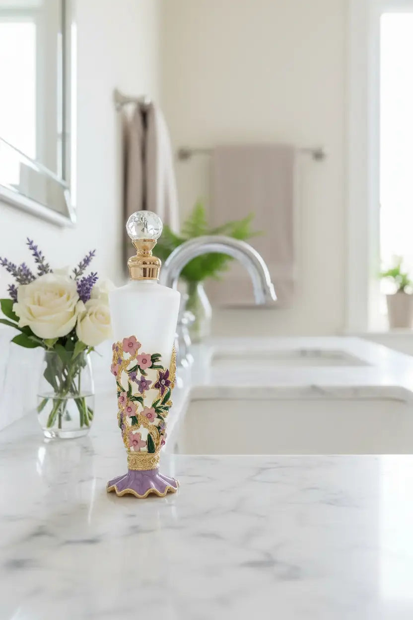 Frosted glass fragrance bottle ready for you to fill.  Pink and purple baroque design with rhinestones