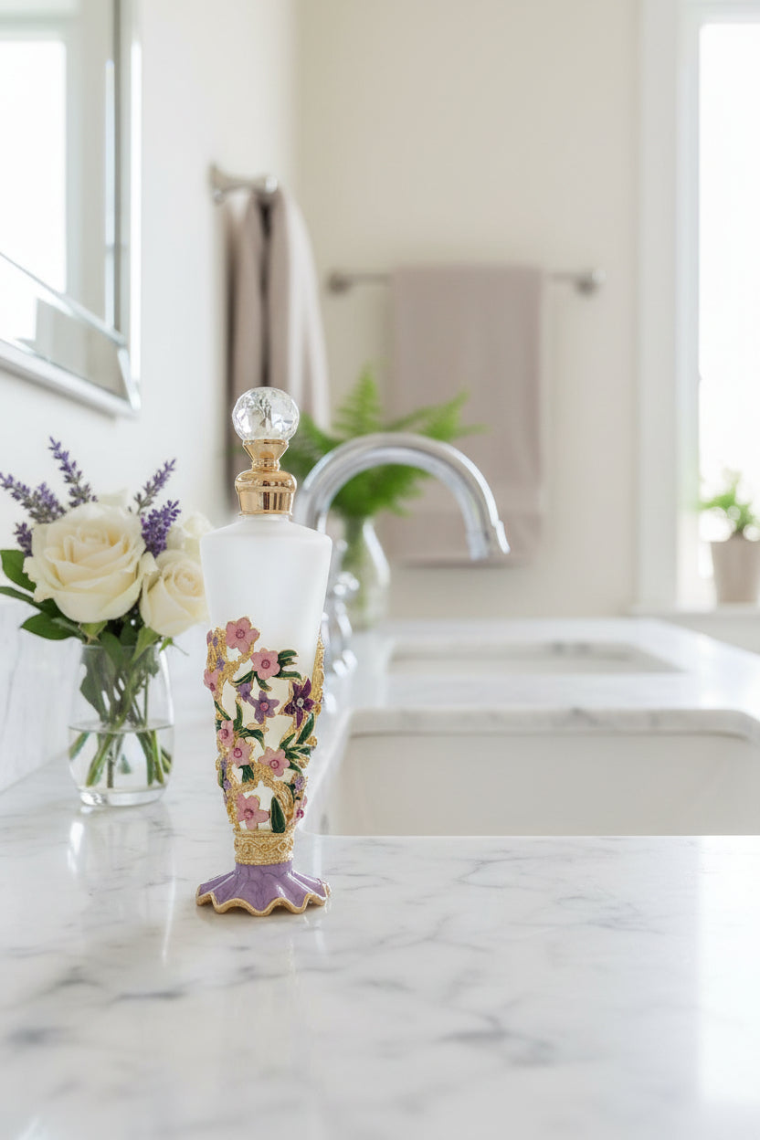 Frosted glass fragrance bottle ready for you to fill.  Pink and purple baroque design with rhinestones