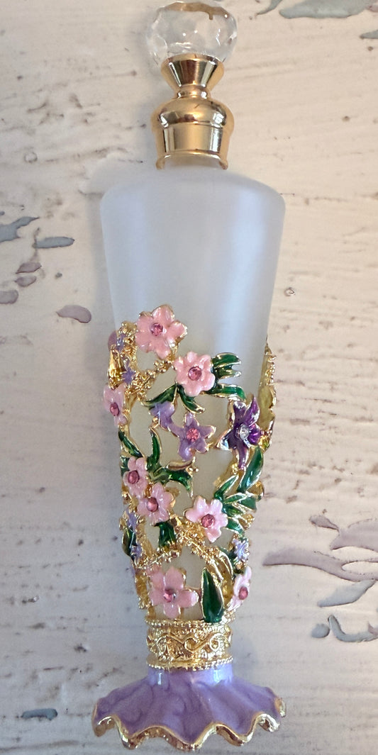 Frosted glass fragrance bottle ready for you to fill.  Pink and purple baroque design with rhinestones