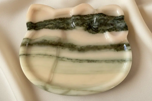 Zebra Onyx Hello Kitty Shaped Carved Trinket Bowl Close Up