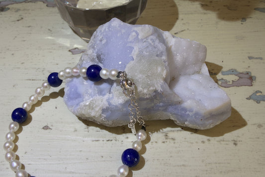 Close up of Blue Lace Agate Raw Stone and Lapis Lazuli bracelet