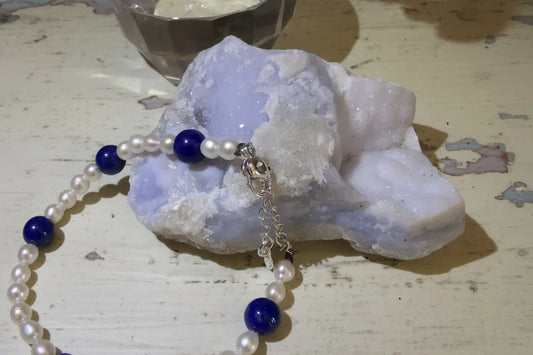 Close up of Blue Lace Agate Raw Stone and Lapis Lazuli bracelet