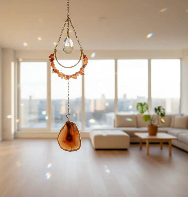 Red Carnelian crystal suncatcher hanging display