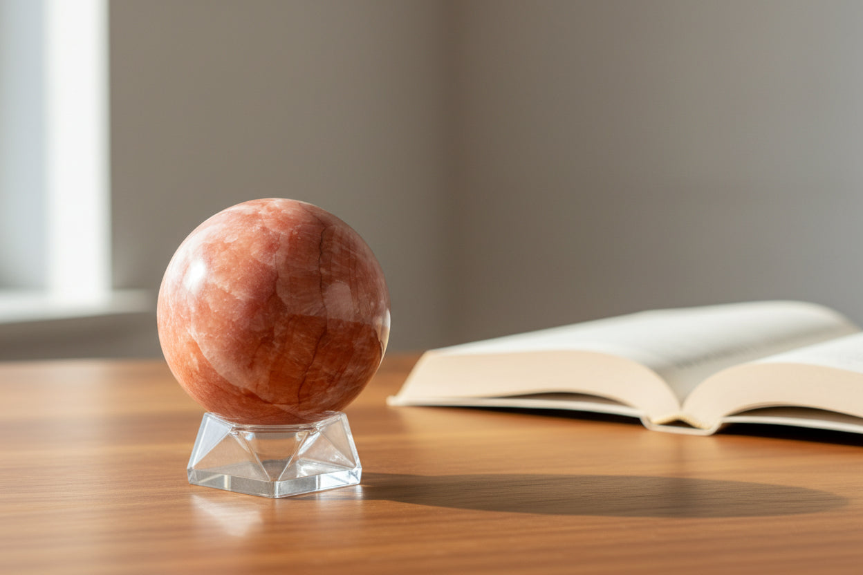 orange calcite sphere bands of dark orange and white, on a stand and a wood table with an open book