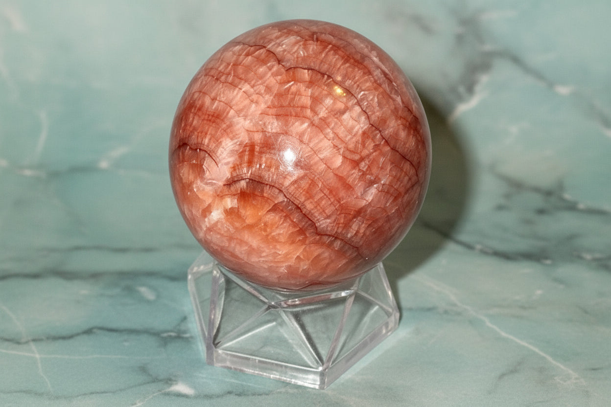 A banded orange calcite sphere on a little stand with a marbled background  colors are bright oranges, browns 
