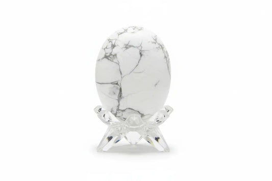 Howlite gray and white palm stone oval shaped in a glass stand white background