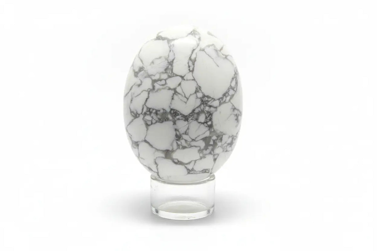 gray and white howlite mineral oval shaped rock in a glass stand, white background