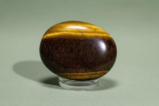 Oval-shaped tiger's eye stone on a light gray background
