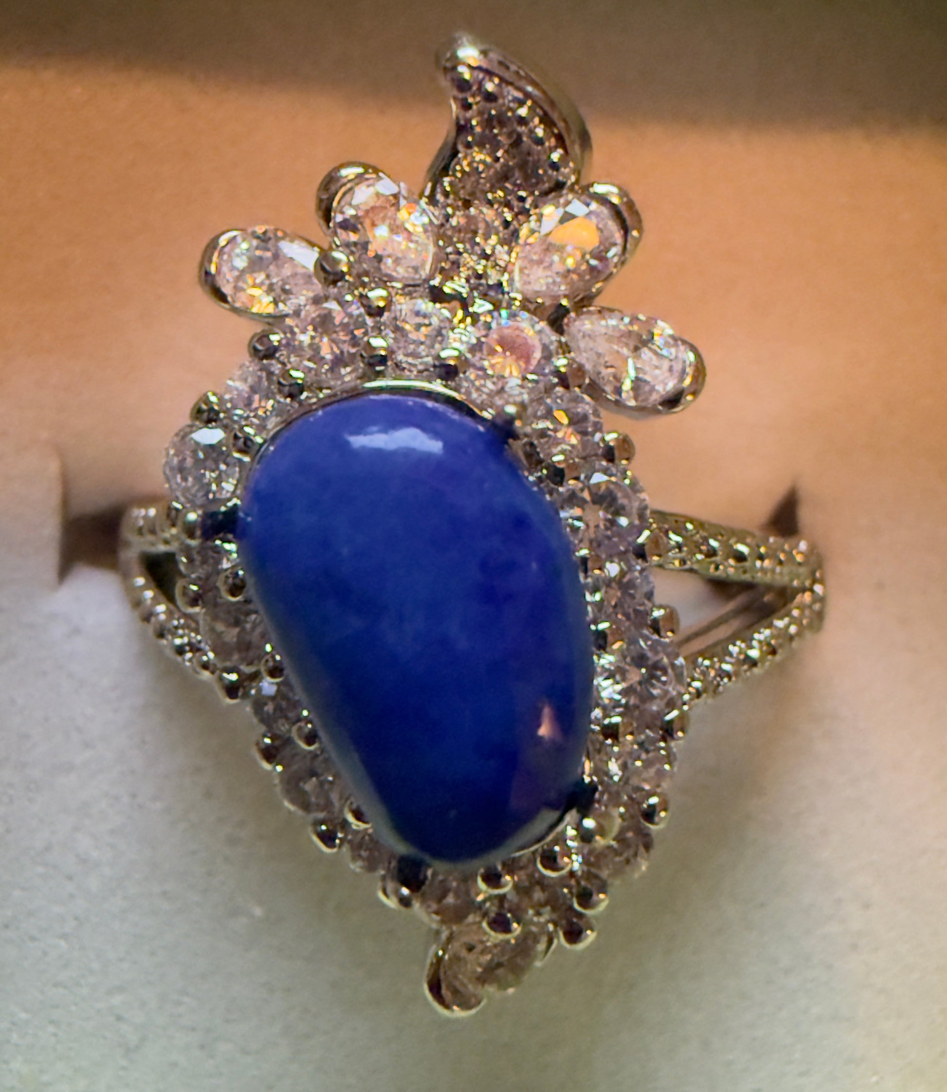 925 silver lapis lazuli ring with rhinestone accents