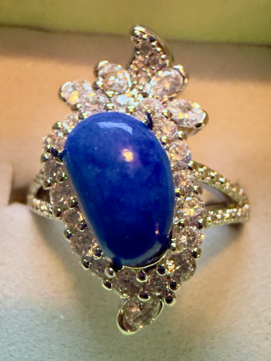 Lapis lazuli rhinestone ring in sterling silver setting