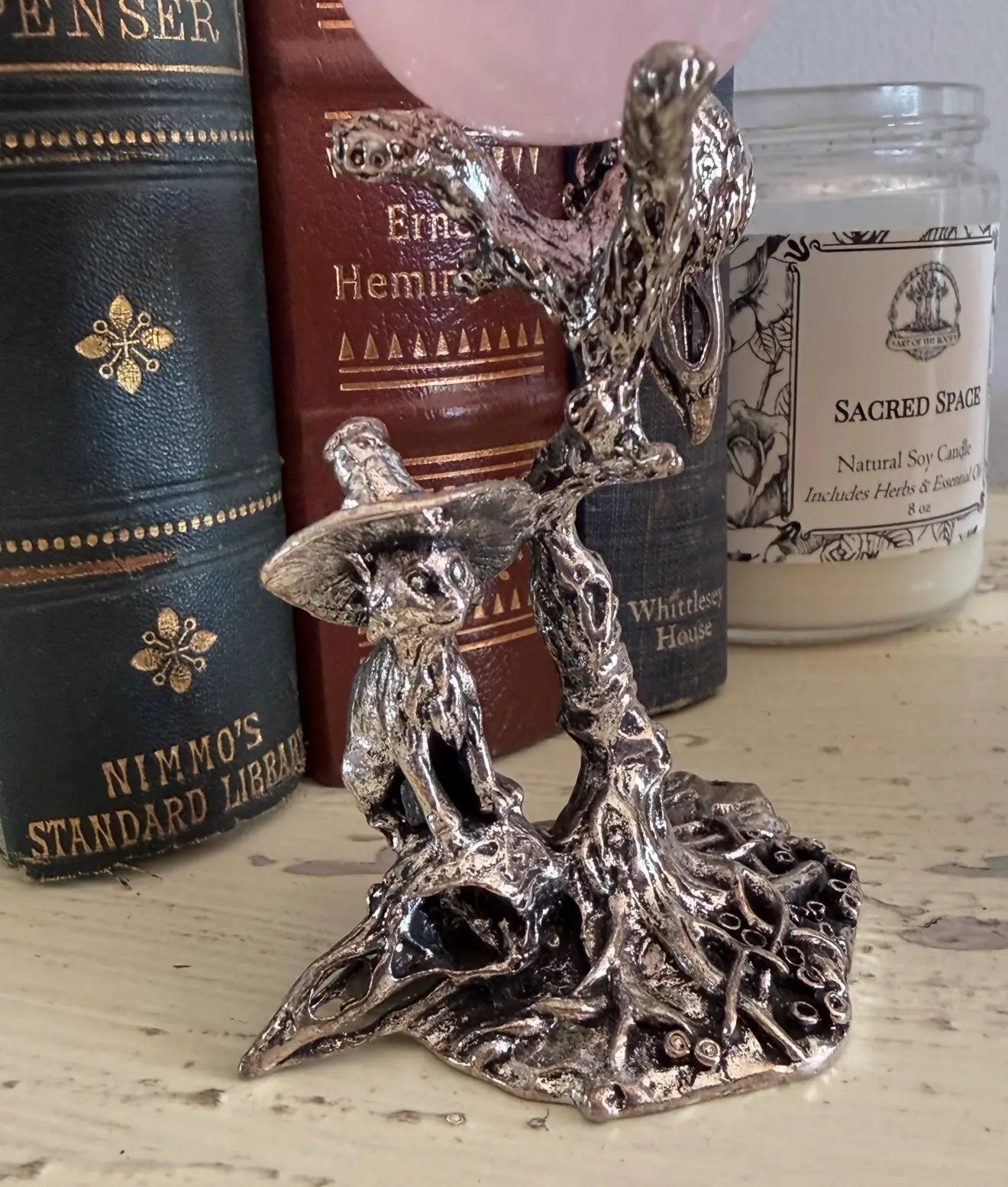 Witchy Kitty sphere stand with cat tree and raven skulls