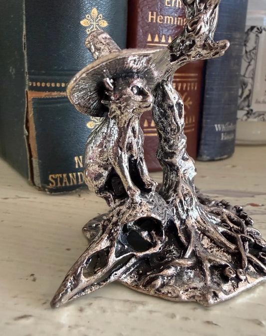 Witchy Kitty crystal sphere stand with raven skull detail