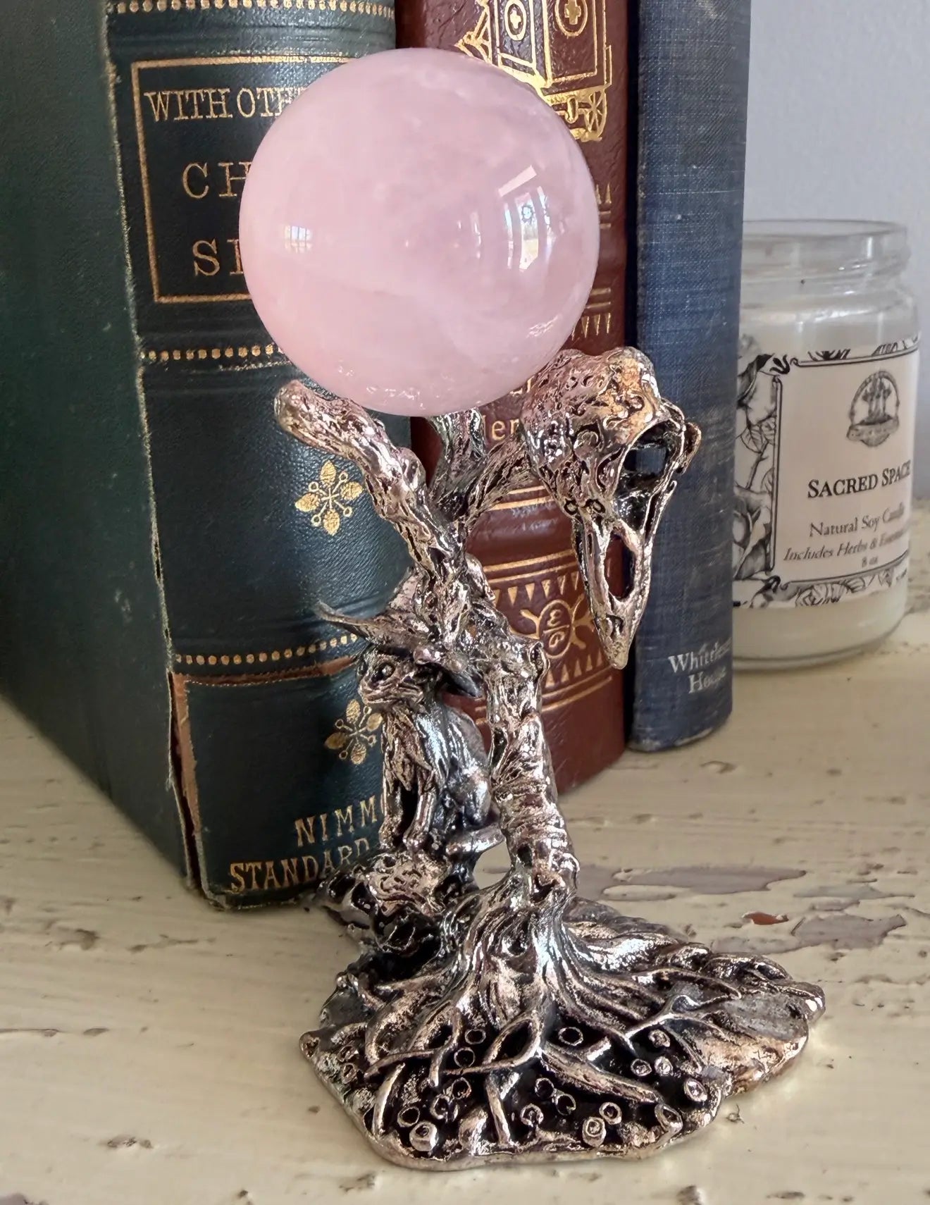 Witchy Kitty metal crystal sphere stand side view