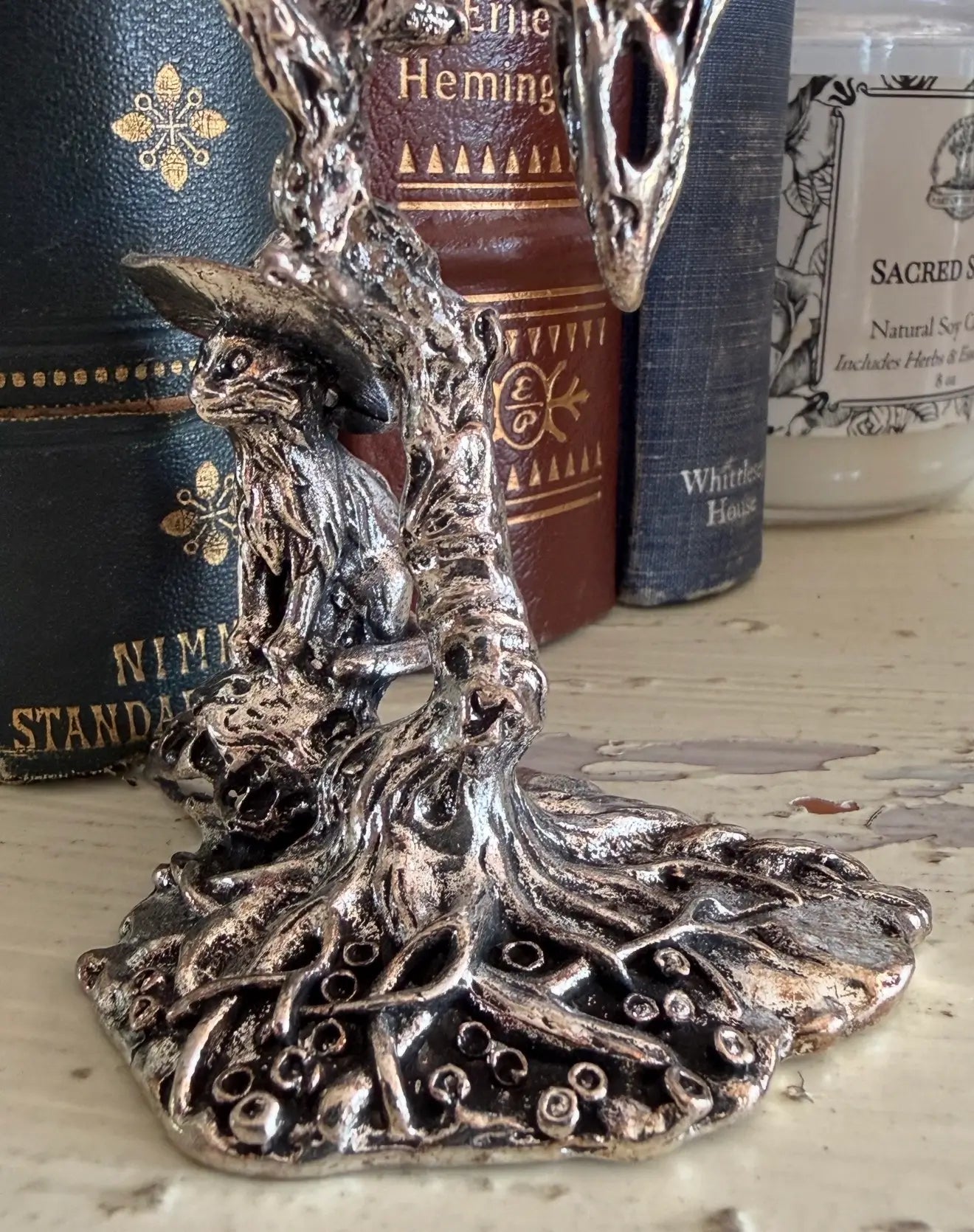 Witchy Kitty sphere stand with tree and mushroom details