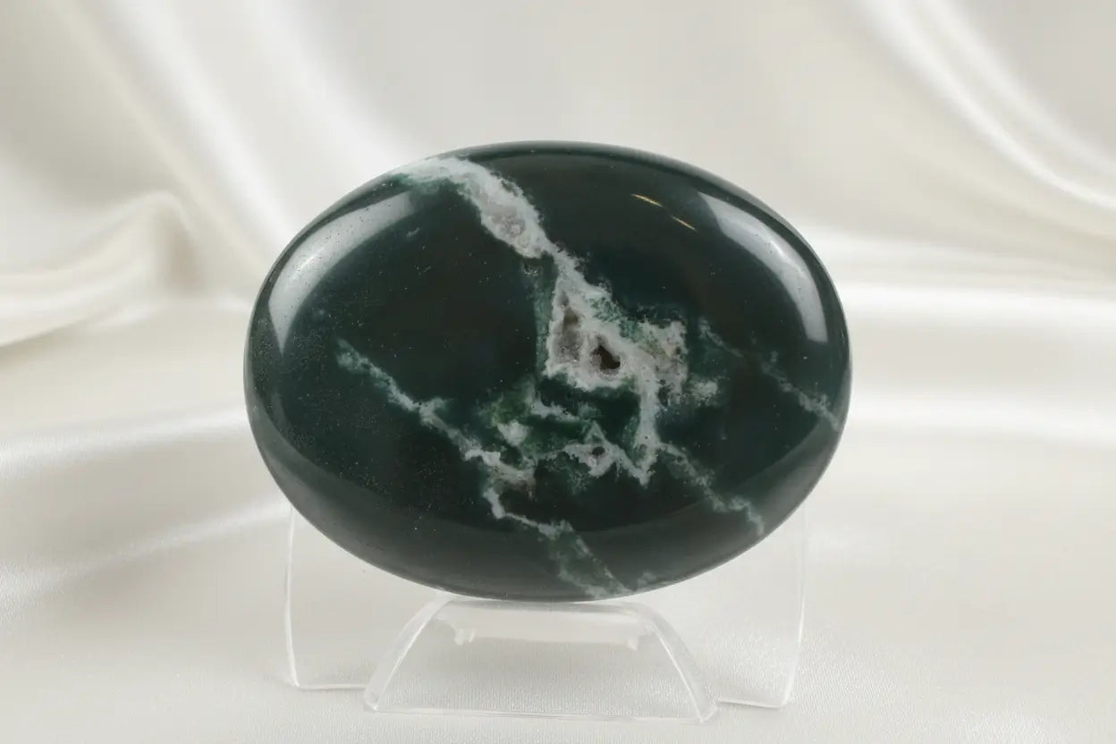 Green Jasper palm stone with druzy pocket and white streaks