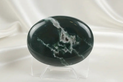 Green Jasper palm stone with druzy pocket and white streaks