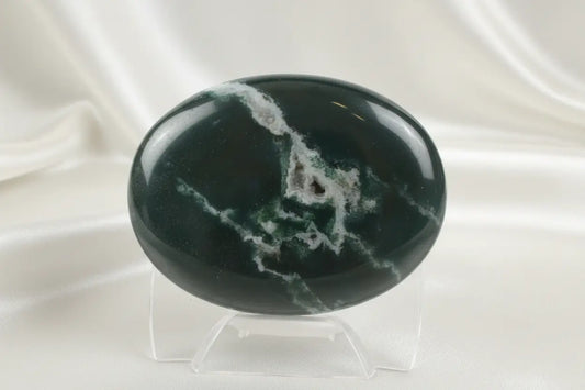 Green Jasper palm stone with druzy pocket and white streaks