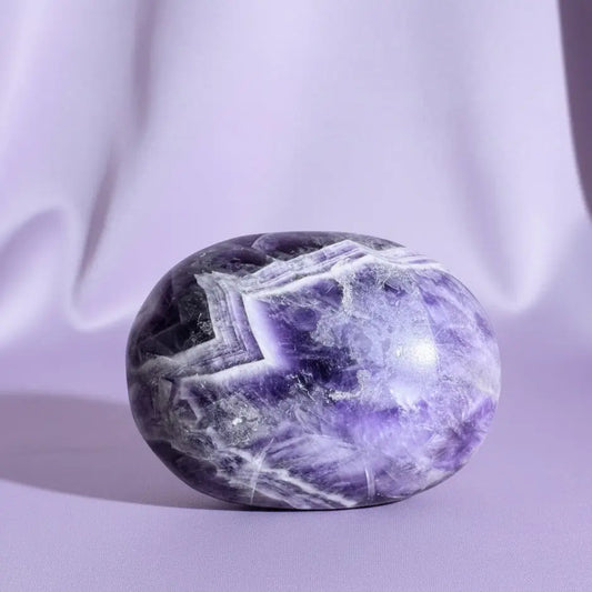 Chevron Amethyst palm stone, purples white and pyrite inclusions
