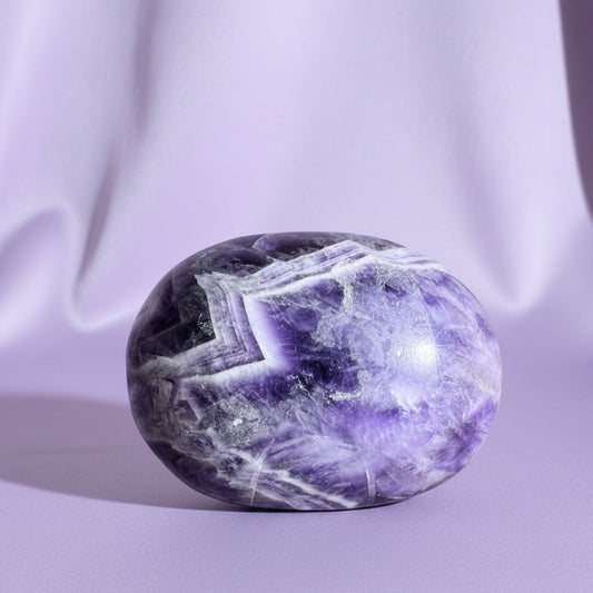 Chevron Amethyst palm stone, purples white and pyrite inclusions