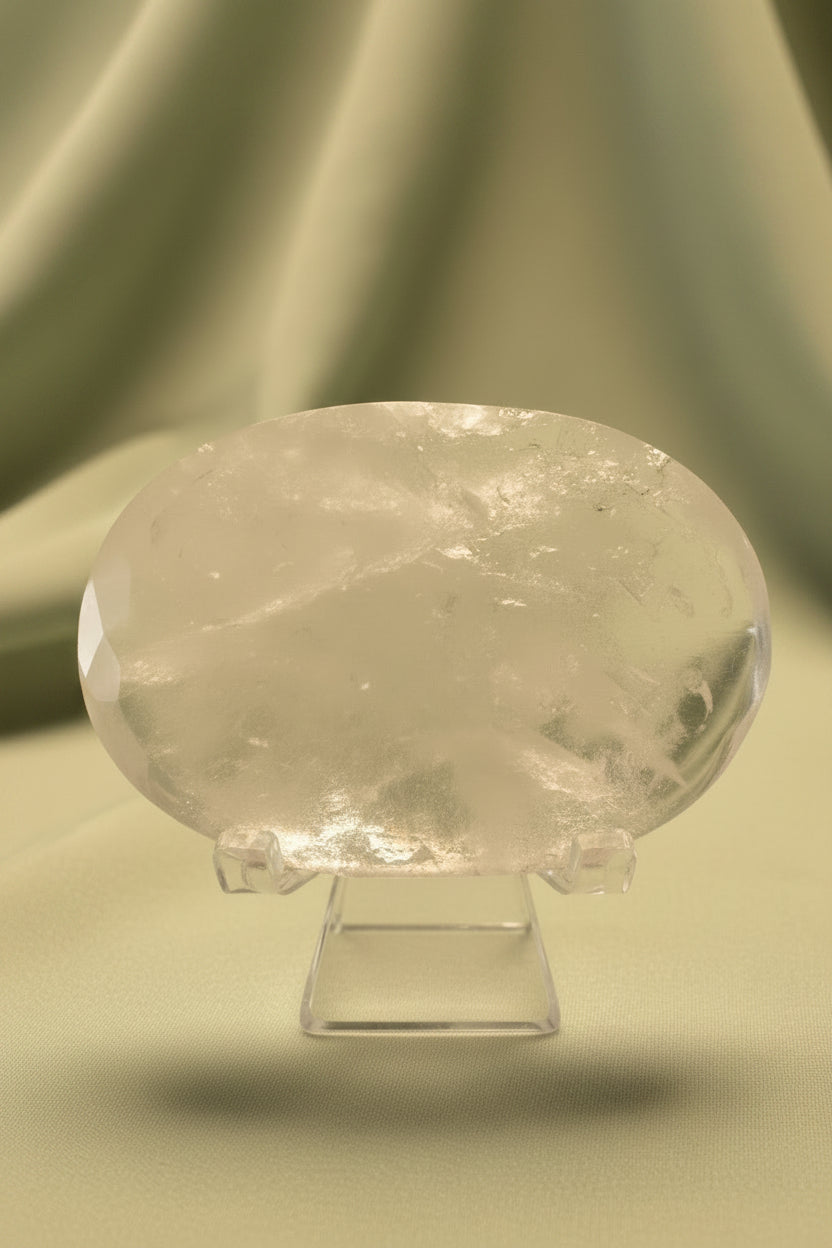 Close up clear quartz polished stone on a stand