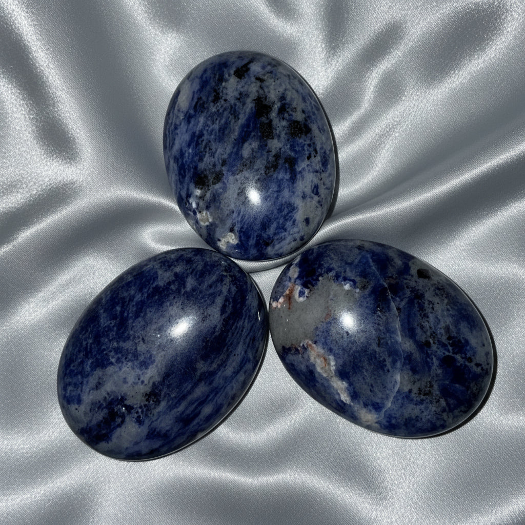 blue sodalite crystal palm stones three in photo with silver background