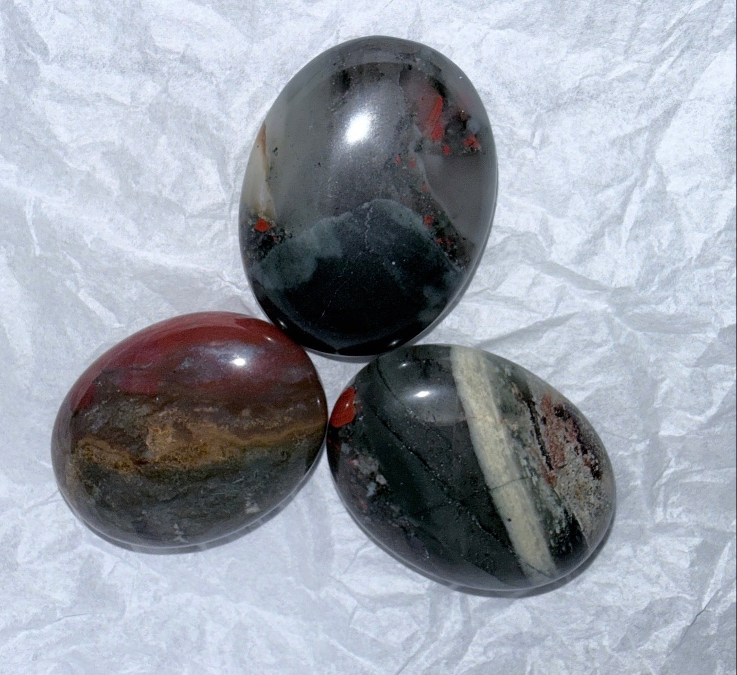 three bloodstone palms tones close up with white background