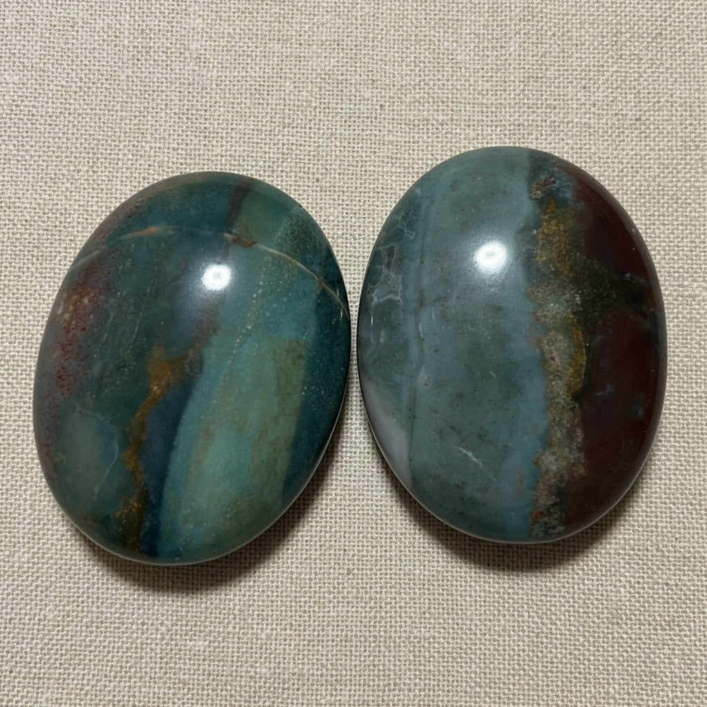 Ocean Jasper palm stones with green aqua tan and brown patterns