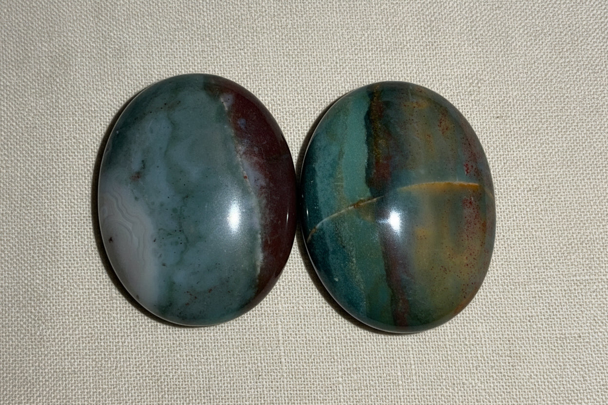 Ocean Jasper palm stones with green, tan, and brown patterns
