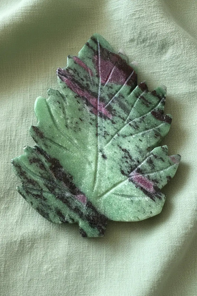 Ruby in Zoisite carved leaf bowl / slab, green zoisite, with the pink and red ruby 